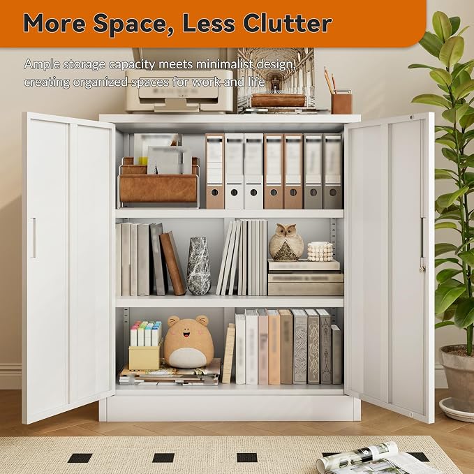 BESFUR Metal Garage Storage Cabinet with 2 Locking Doors and 2 Adjustable Shelves, 36" White Metal Short Storage Cabinet for Home Office, Garage,School,Utility Room