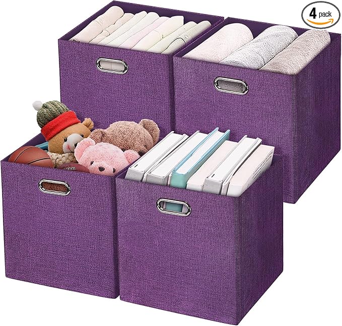 Posprica Storage Boxes, Foldable Organiser Cube Basket Bin, Thick and Heavy Duty (28×28×28cm/4pcs, Purple)