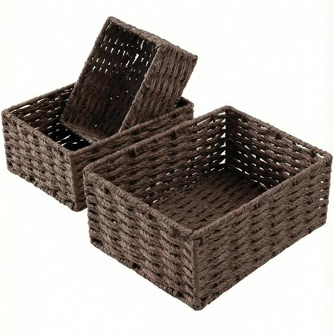 Small Wicker Basket for Organizing, Woven Storage Basket Set of 3 - Handwoven Natural Paper Rope Baskets to Declutter Any Room, Perfect for Organizing and Home Decor (Coffee)