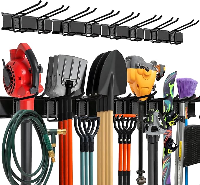 TIDYME Garage Wall Organizer, Shovel Holder Wall Mount, 64" Double Hooks | 400 lbs, adjustable double-layer tool hangers for garage wall, holds ladders, shovels, rakes, hoses & power tools