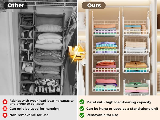 4" Extra Deeper Foldable Hanging Closet Organizer, Small Wire Cabinet Shelves and Storage with 5 S Hooks,4 Tier Metal Basket Bins for Clothes Sweaters Handbags, Wardrobe for Kitchen Laundry Room,White