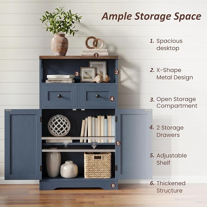 Farmhouse Storage Cabinet Set of 2, Small Kitchen Pantry Coffee Bar Cabinet | Accent Buffet Cabinet Cupboard, 2 Storage Drawers, Barn Doors & Adjustable Shelves, for Kitchen/Entryway/Bathroom, Navy Blue