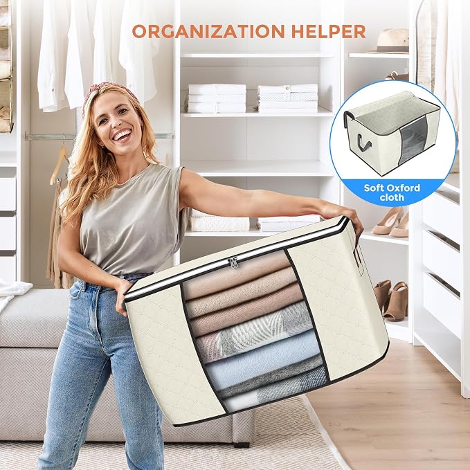 90L Large Storage Bags, 10 Pack Clothes Storage Bins Closet Organizers | Foldable Storage Containers, with Reinforced Handle, for Clothing, Blanket, Comforters, Bed Sheets, Pillows and Toys,Beige