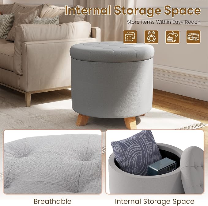 KROFEM 18" Round Storage Ottoman with Reversible Tray Top,Tufted Footrest Stool for Living Room,Bedroom or Office,Gray