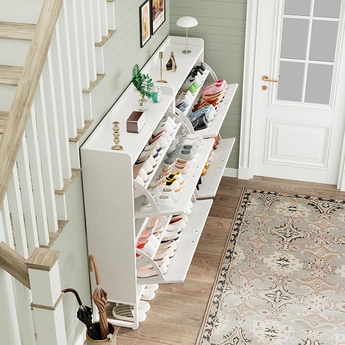 GRUSIGN Shoe Cabinet, Shoe Storage Cabinet with 2 Flip Drawers & Adjustable Shelf, Space-Saving Shoe Organizer – Holds 16+ Pairs, Narrow Shoe Cabinet Storage for Entryway/Hallway(White)