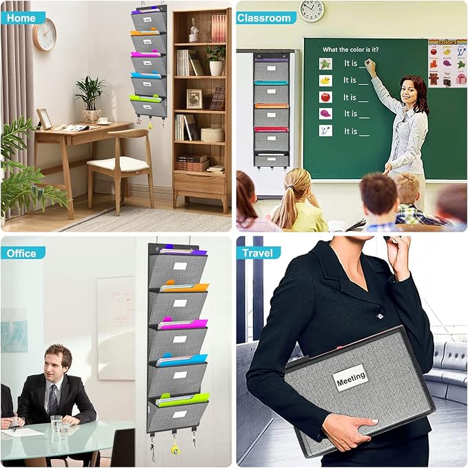 Over the Door File Organizer, Hanging File Folders, Wall Organizers and Storage for Mail, Magazine, Notebooks, Planners, Office, Classroom, 5 Extra Large Pockets, 50.39” Tall (Grey with Herringbone)
