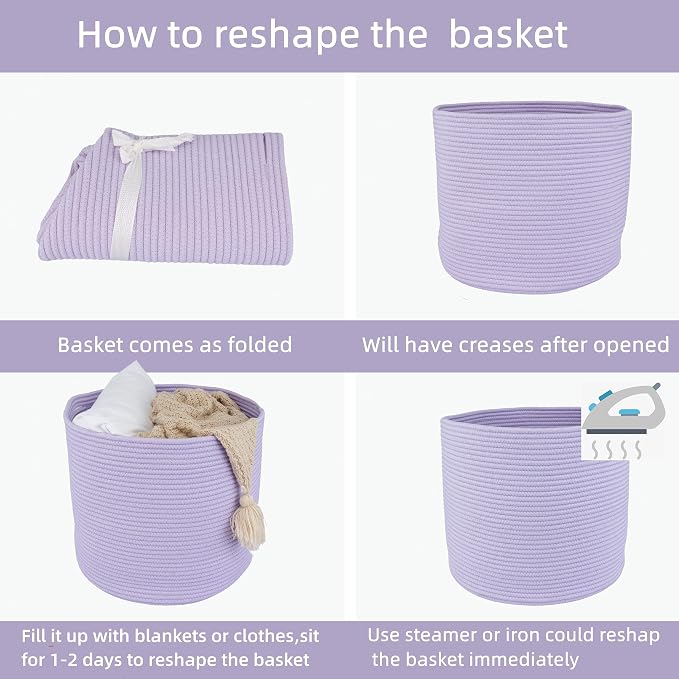 XUANGUO Cotton Rope Basket For Girls Boys Kids 16”X14” purple | Baby Laundry Baskets, Blanket Basket, Nursery Bin; Round Woven Basket Organizer for Toy Storage, Blankets, Shoes and Clothes