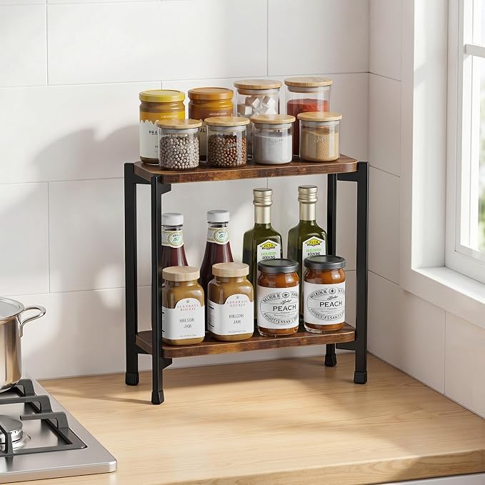 pickpiff 2 Tier Spice Rack Organizer for Kitchen Countertop, Wood and Metal Seasoning Shelf, Space-Saving Spice Organizer for Kitchen Counter, Coffee Bar and Dining Table, Brown