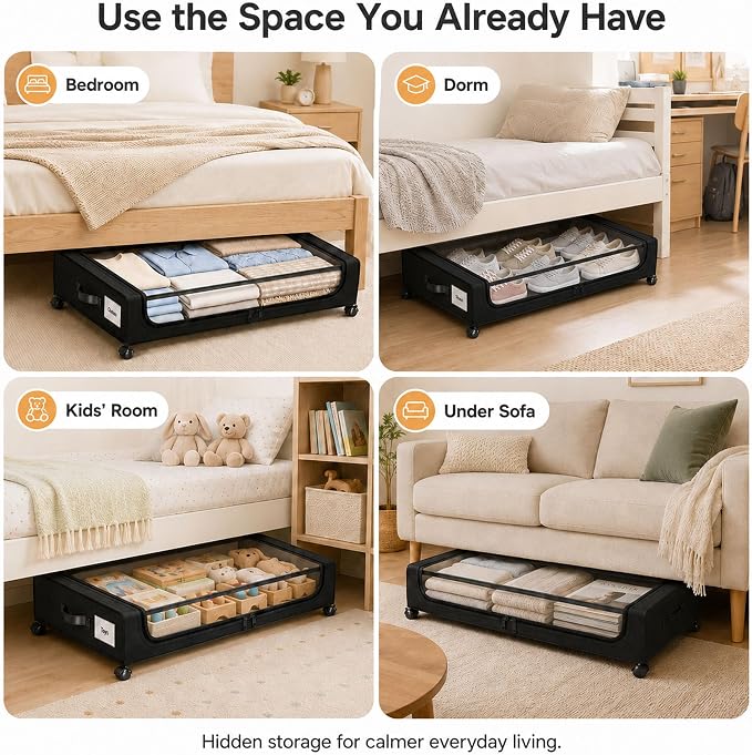 Camkey® Under Bed Storage with 360° Wheels, 2-Pack, 60L Low-Profile Rolling Underbed Bins for Clothes, Shoes, Toys & Books,Easy Pull-Out, Dust Protection, Space-Saving Organizer for Bedroom/Dorm,Black