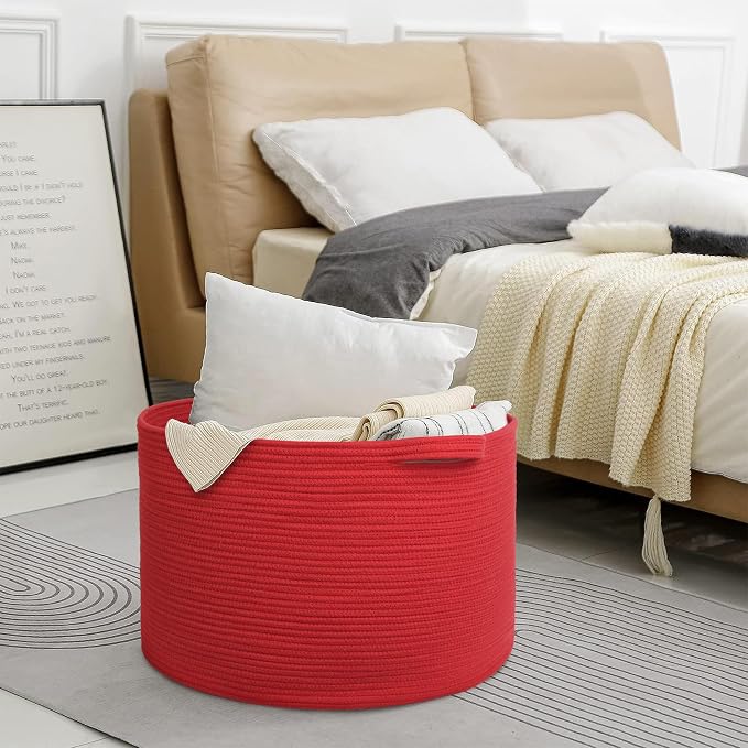 Extra Large Red Basket for Organizing, 22" X 22" X 14" Woven Cotton Rope Bins for Blankets, Baby Nursery Wicker Laundry Basket, Kids Dog Toy Storage Box, Big Red Living Room Decor Organizer