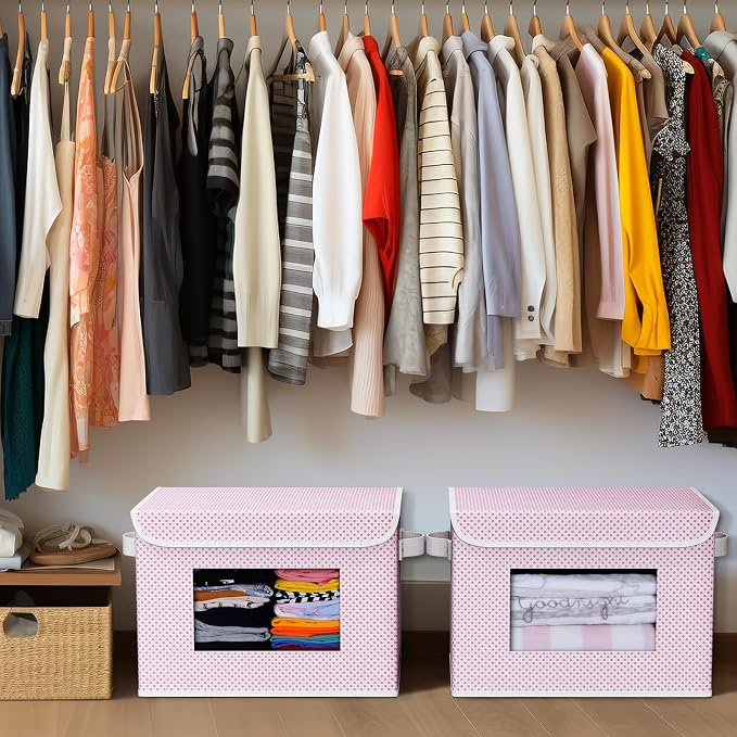 Univivi Fabric Foldable Storage Boxes with Lids, 4 Pack, Pink | 17 x 12 x 12 In Large Stackable Storage Bins with Lids, Closet Organizers and Storage Cube Basket for Home, Office, Bedroom
