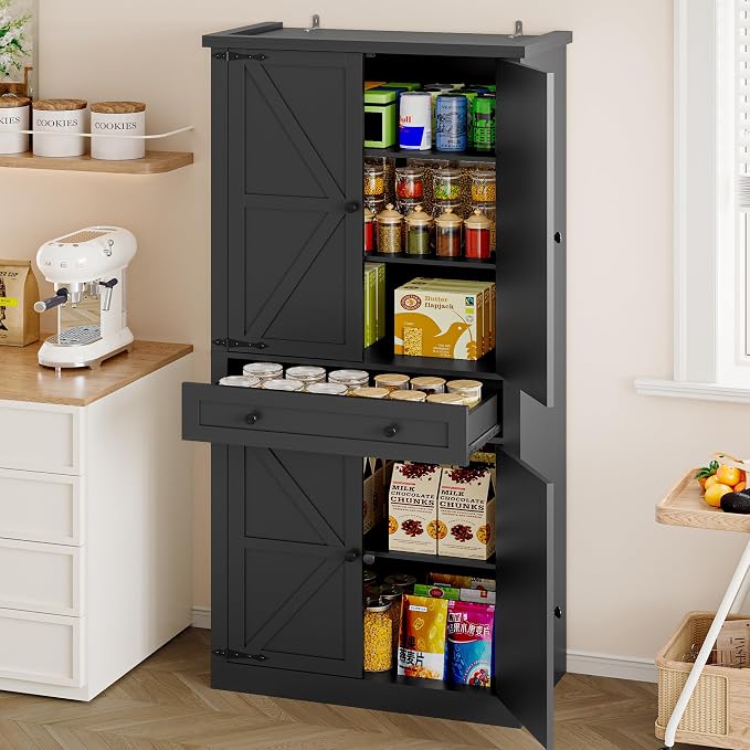 BORNOON Pantry Organizers and Storage Cabinet, 67.7” Barn Door White Kitchen Cabinet with Drawers and Adjustable Shelf, Tall Pantry for Kitchen, Dining Room, Living Room