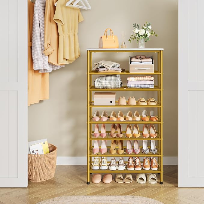 8 Tier Shoe Rack Organizer for 28-32 Pairs of Shoes, White & Gold | Sturdy & Durable, X Shape Fixed Frame, Metal Mesh Shoe Shelf, Industrial, For Closet, For Entryway Shoe Storage