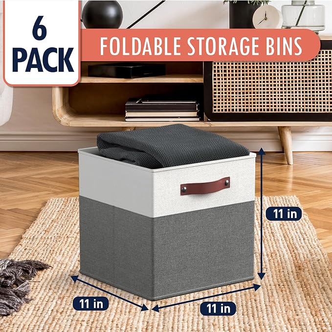 Ornavo Home 11x11 Foldable Fabric Storage Cube Bins, 6 Pack, White/Gray | Collapsible Linen Shelf Basket Organizer; Leather Handles; Ideal Cube Storage For Closet