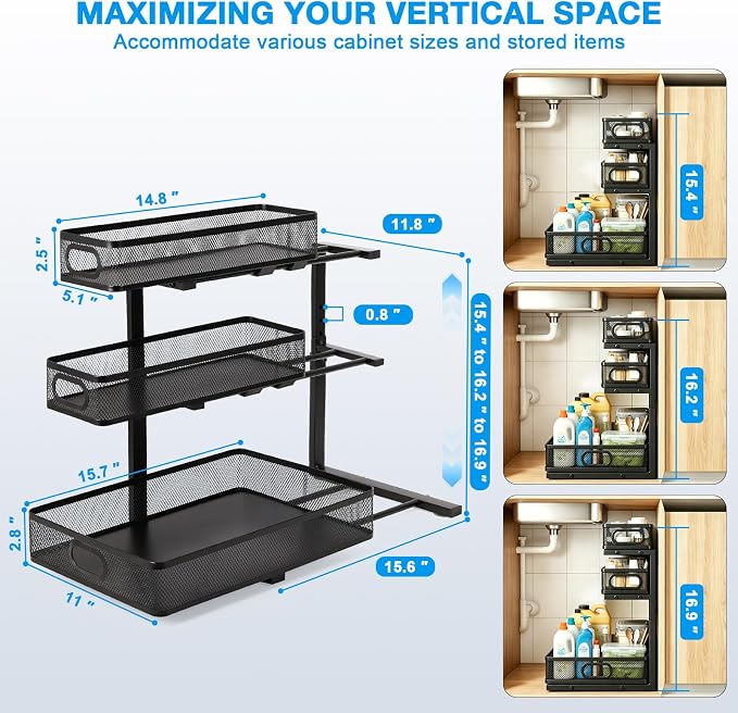 Under Sink Organizer,3-Tier Thickened Metal Pull out Cabinet OrganizerShelf | Height Adjustable Slide out Storage Drawer Rack for under sink organizer bathroom Kitchen,Laundry Room & Pantry