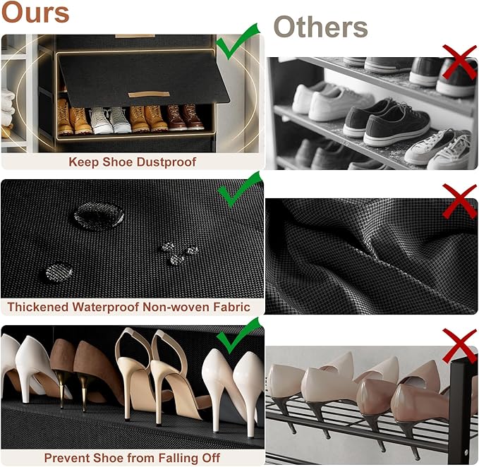 7 Tier Shoe Cabinet with Door, 28-Pair Storage, Black | Tall design saves floor space. Door blocks dust & pets. Holds heels to boots. Quick assembly with connectors.