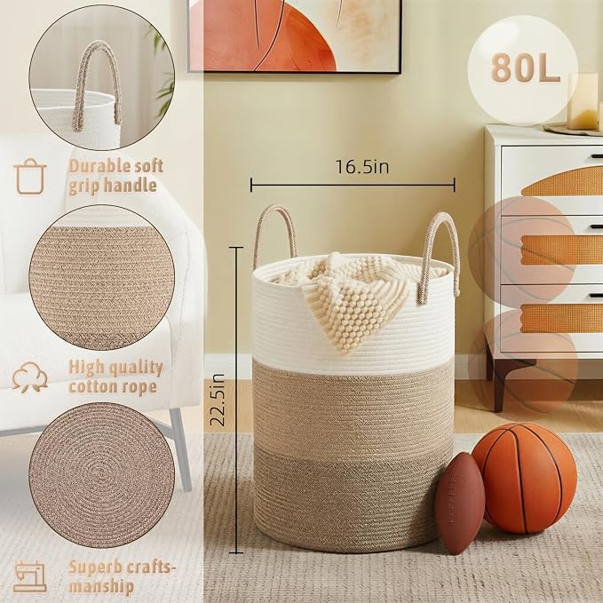 Artfeel Laundry Basket,Woven Cotton Rope Laundry Hamper,80L for Decorative Storage of Dirty Clothes,Toys and Blankets in Bathroom,Bedroom and Living Room