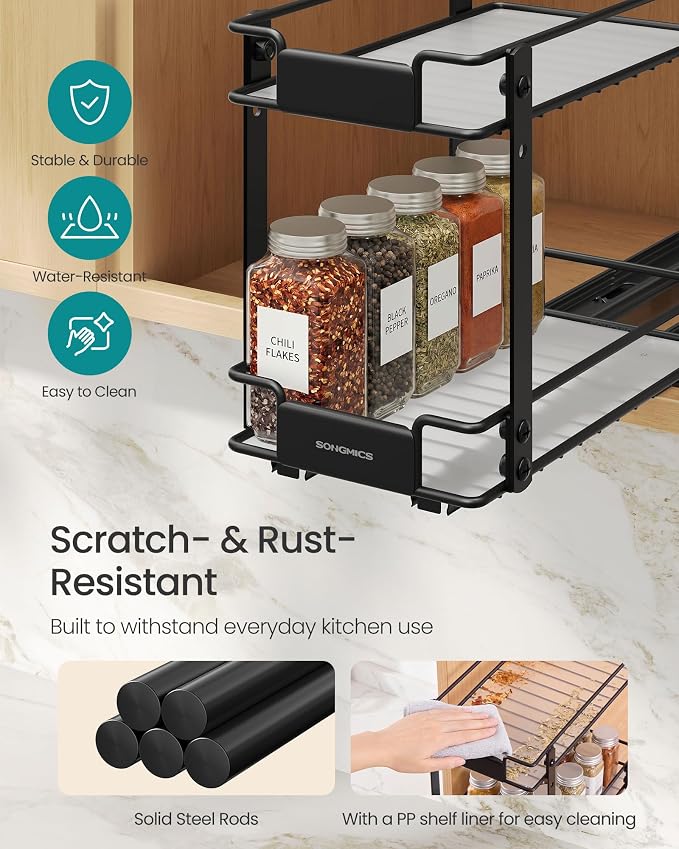 SONGMICS 2 Tier Pull Out Spice Rack for inside Cabinets, Steel | Spice Organizer, Slide Out Cabinet Organizer, for Kitchen Cabinet Storage, Black UKCS117B101