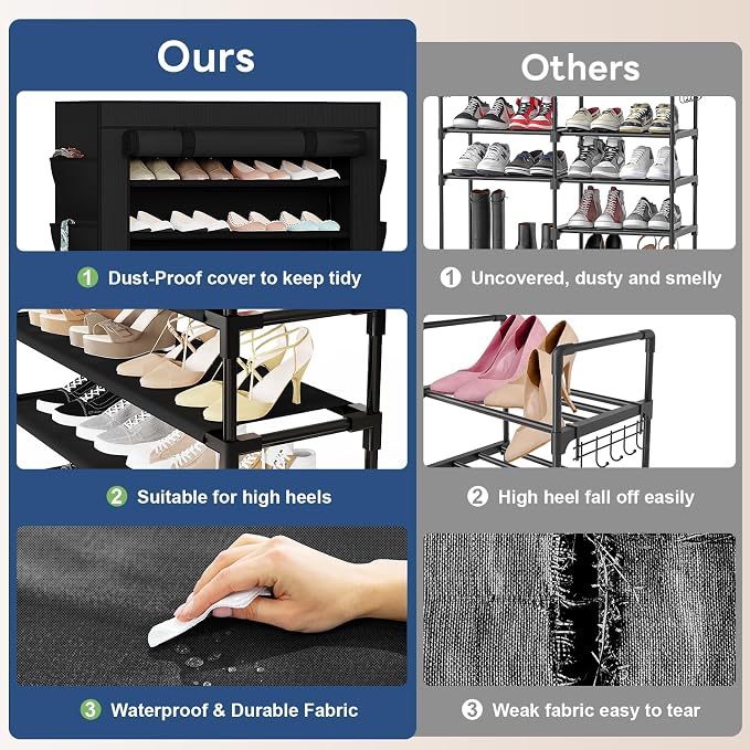 Mavivegue Shoe Rack with Cover, 10+1 Tier Tall Shoe Storage for 50-55 Pairs of Shoes, Shoe Organizer for Entryway, Closet