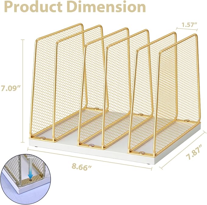 LEKETREE Gold Desk File Organizer, 5-Section Upright File Sorter, Vertical File Folder Holder, Mesh Metal Wood Office Desk Organizer for Document, Magazine, Books and more (White and Gold)