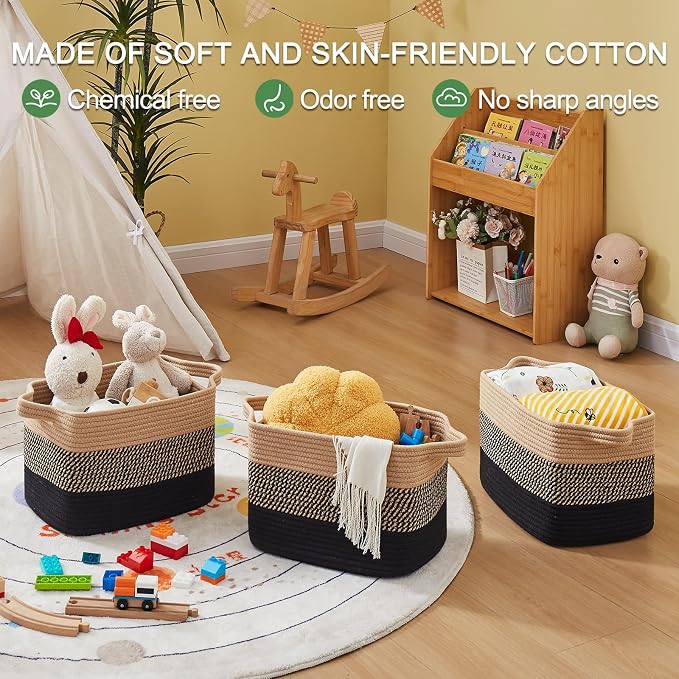 OIAHOMY Woven Storage Basket, Cotton Rope Baskets for Toys,Towel, Clothes, Used to Bathroom,Living Room,Nursery,Bedroom, 16"x12"x10"- Pack of 3, Black & Brown
