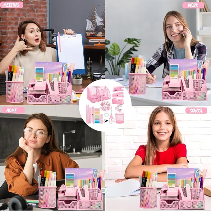 Pink Office Supplies, 17Pcs Pink Desk Accessories Set Include Stapler, Mesh Desk Organizer, Tape Dispenser, Staple Remover, Pen Holder, Clips, Pens, Ruler, for Office Home School Women Students Gift