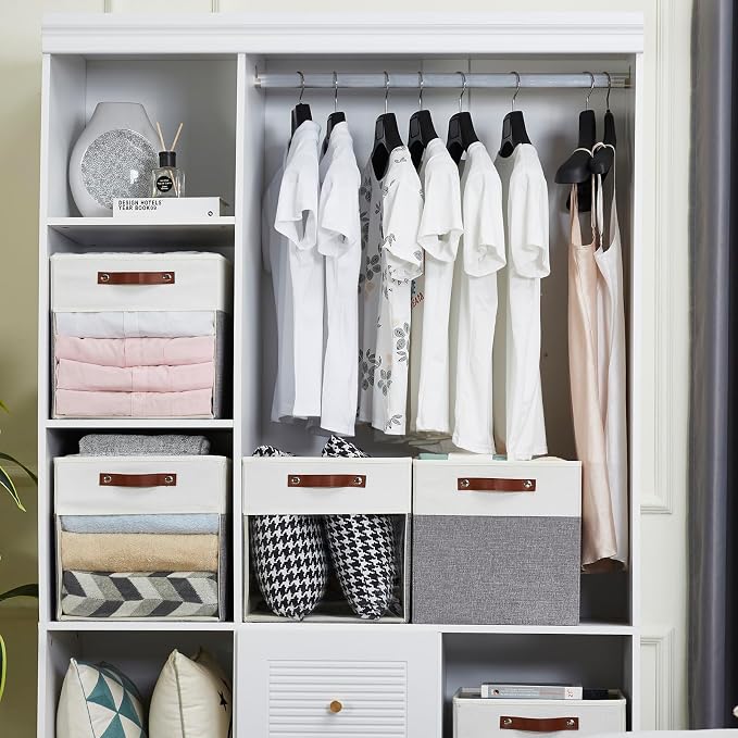 Storage Cubes, 4 Pack Linen Foldable Storage Bins (13 x 13 inch) with Clear Window and 2 Handles, Closet Organizers and Storage for Shelf Closet, Clothes, Books - (Gray and White)