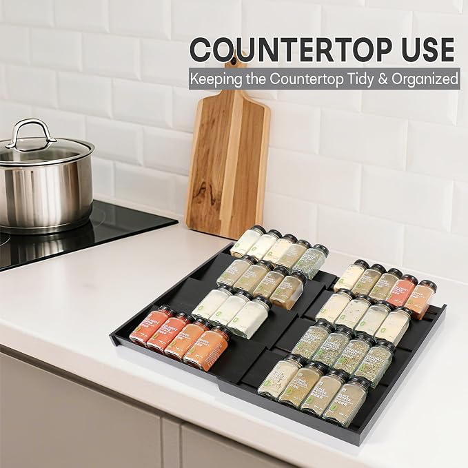 Bamboo Spice Drawer Organizer, (Need 3.1” Deep Drawer) Expandable 4 Tier Spice Rack for Cabinet (From 12" to 23" Wide), Seasoning Storage Insert, Spice Organizer for Drawer,Jars Not Included