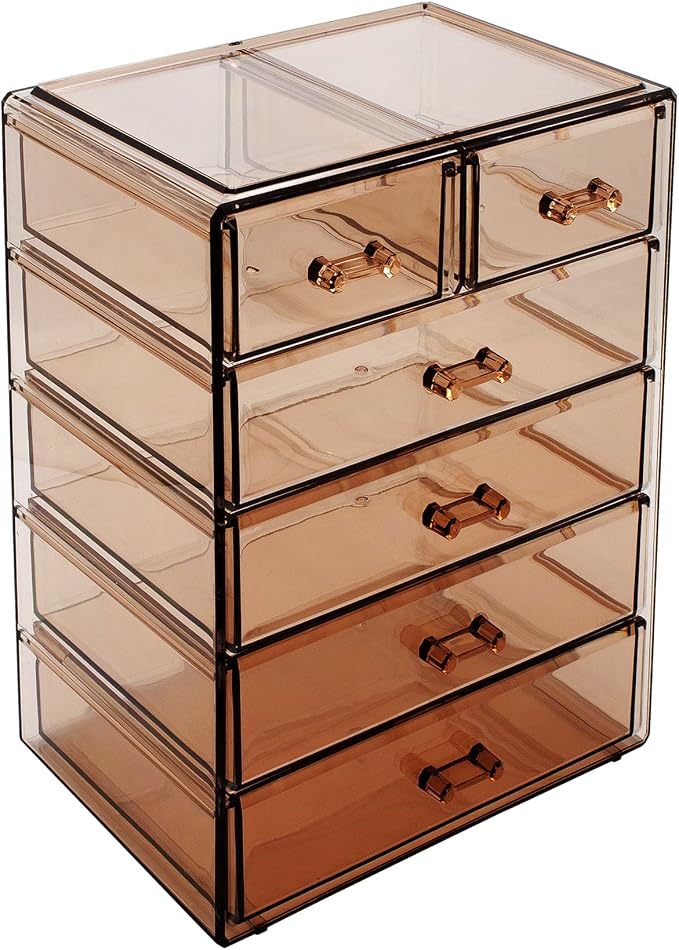 Sorbus Acrylic Makeup Organizer Set, 6-Drawer Vanity & Countertop Cosmetic Storage with Small & Wide Drawers, Bronze Glow Makeup Storage for Brushes, Lipsticks, Jewelry, Holiday Gift for Women & Teens