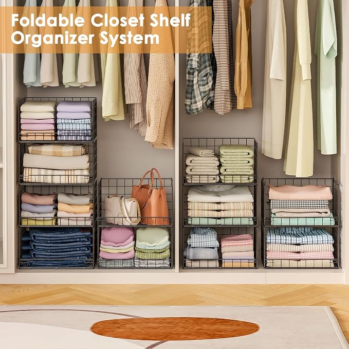 Yociyoga 8-Tier Stackable Closet Organizers and Storage Shelves, Foldable Closet Shelf Organizer, Stackable Storage Bins Drawers for Closet Organizer System, Black(Patent No. 30022416)
