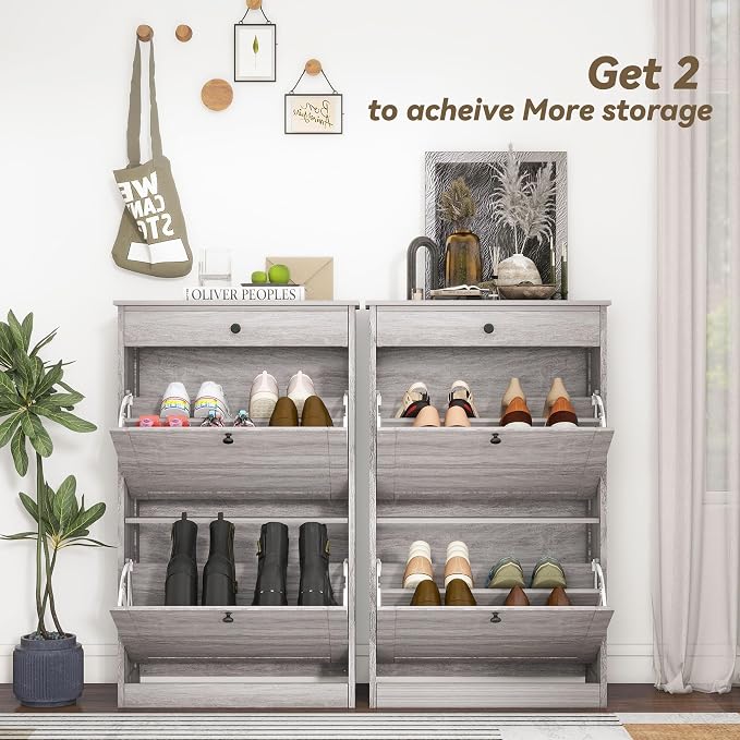 FTZxHKLX Shoe Rack Cabinet 2 Flip Drawers, Entryway Shoe Storage, Wash Grey | Narrow Shoe Cabinet Organizer with Top Drawer, Freestanding Hidden Shoe Organizer for Entryway , Hallway, Foyer