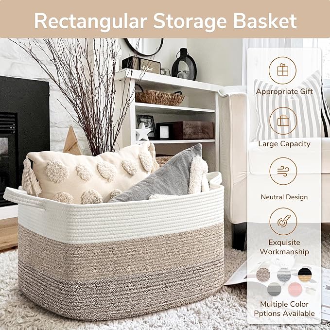 Goodpick Large Woven Storage Basket, Rectangle Storaget, Light Brown | 21.6 x 14.9 x 11.8 in, Cotton Rope, Living Room, Bedroom & Nursery Organization, Toys, Blankets & Clothes Storage