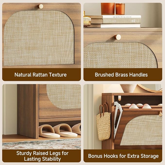 Rattan Shoe Cabinet for Entryway with 4 Flip Drawers, 9.5" Narrow Shoe Rack, Boho Slim Shoe Storage Organizer with Adjustable Shelves, Anti-Tip Safety, 9.5" D x 39.4" W x 35.5" H