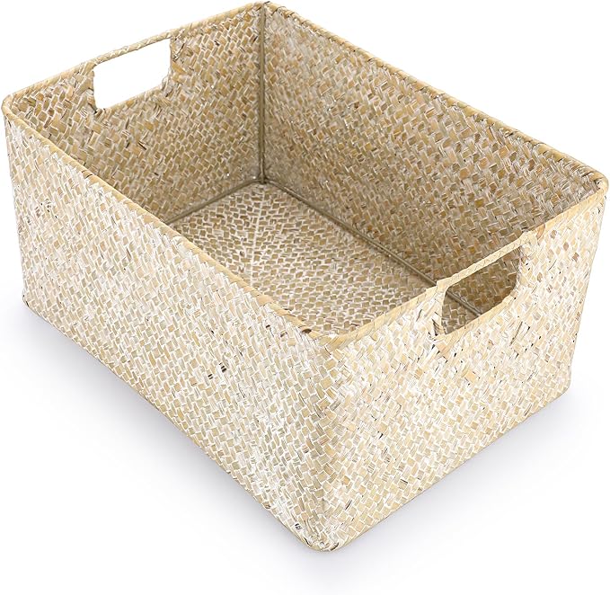 Hipiwe Wicker Shelf Baskets Seagrass Storage Opened Baskets Bin with Handle | Rectangular Closet Bedroom Basket Organizer Box, Multipurpose Woven Basket Home Organizer, Whitewash 14.6"x 10.6" x 7.1"