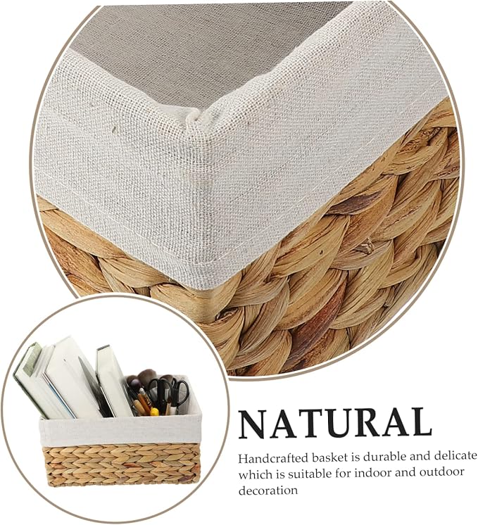 Woven Storage Basket Straw and Fabric Shelf Basket for Books | Desk Top Use, Magazine Holder, Strong Build, Simple Elegant Rustic Look, Home Organizing Accent Piece