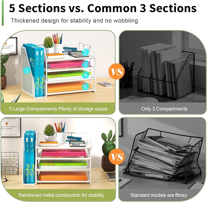 4-Tier Paper File Organizer with Bookend, Metal Desk Organizer, Tiered Paper Tray for Letter/A4 Files, Desktop Office Supplies Storage Rack for Home Office, Classroom, School & Work, White