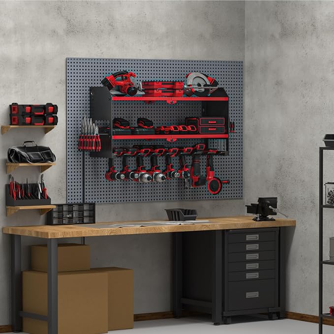 YYR Power Tool Organizer with Charging Station Wall Mount, Cordless Drill and Battery Holder for Garage Organization, Electric Tools Storage Rack Build in Surge Protection Power Strip - Red Shelf