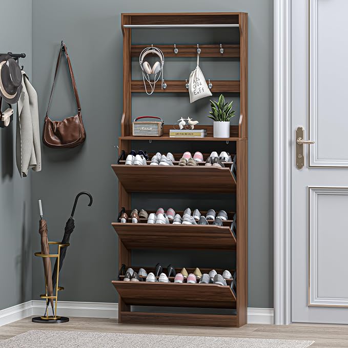 BORNOON Shoe Cabinet with 3 Flip Drawers & Coat Rack, Narrow Hidden Shoe Storage Cabinet, 2-in-1 Hall Tree Slim Freestanding Shoe Rack Organizer for Entryway, Hallway, and Living Room
