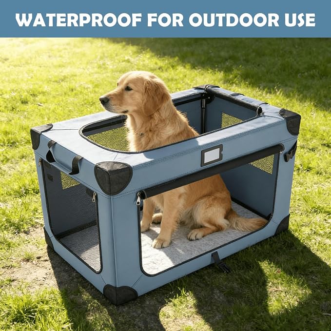42 Inch Foldable Dog Travel Crate Blue with Sturdy Metal Frame | Chew-Proof Mesh Window,Soft Blanket and Foldable Bowl,Waterproof and Easy to Clean,Portable for Camping,Signature card