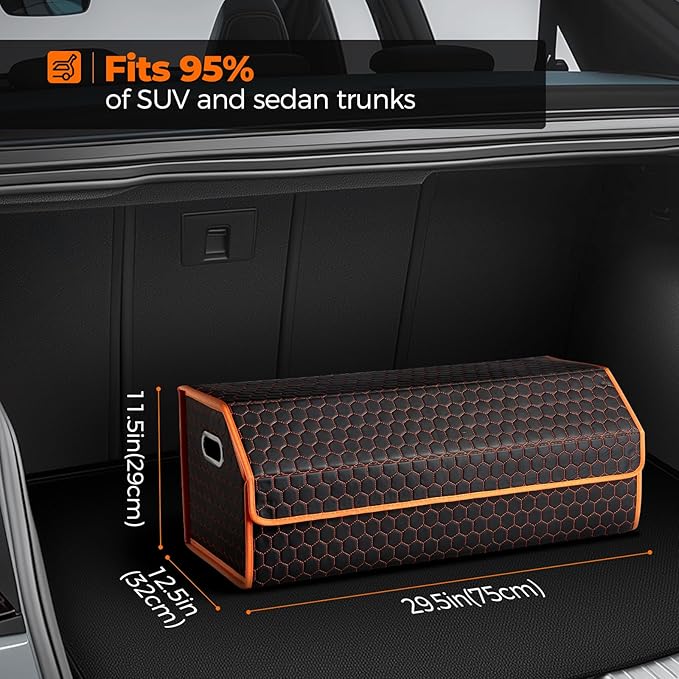 Fyzeoty Car Trunk Organizer for SUV and Sedan, Orange-Honeycomb, 29.5 in | Honeycomb Textured Exterior, Extra‑Large, Premium Leather, Magnetic Lid, Collapsible & Adjustable, Water‑Resist & Dust‑Proof