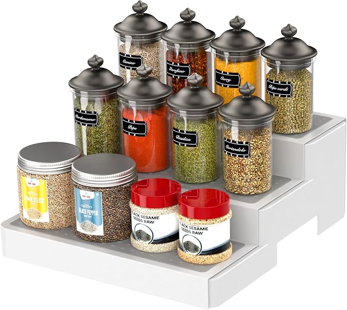 YAN & HIN Expandable Spice Rack Organizer for Cabinet (2 Pack), 3-Tier Tiered Spice Shelf Organizer with Non-Skid Surface, Spice Riser, Adjustable Pantry Organizer for Spices, Cans & Medicine Cabinet