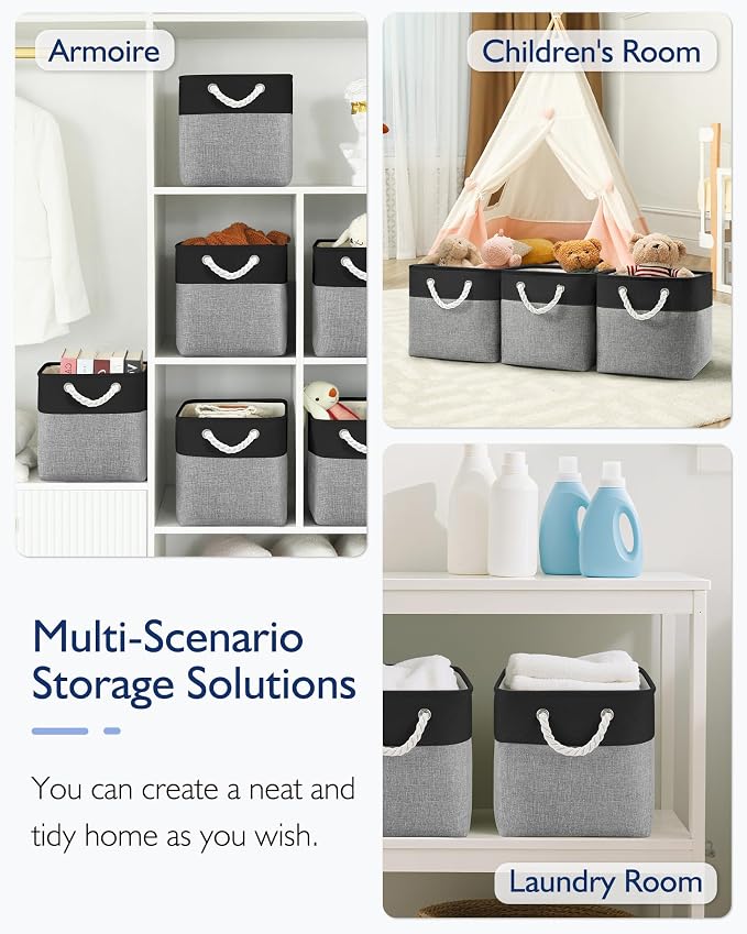 Patvingot 11-Inch Fabric Cube Storage Bins with Handles,4 Pack,Foldable | For cube shelves and closets,keeps grouped for everyday access,reinforced opening and fold-flat storage,dark and gray