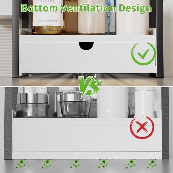 2-Tier Bathroom Counter Organizer, Wooden Vanity Shelf with Drawer & Basket | Pre-Drilled Holes, Skincare & Makeup Countertop Organizer and storage, White