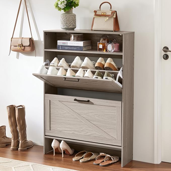 RWYHG Shoe Cabinet Storage for Entryway with 2 Flip Drawers | Open Storage Layer Rack Narrow Organizer Slim Hidden Wood Shoe Cabinet Furniture