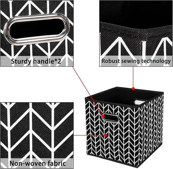 Fabric storage bins Cubes, Fabric Cube Organizer with Handle, Foldable Cube Bins for Cloth or Accessary Storage, 11x11x11, Set of 6, (Black Leaf)