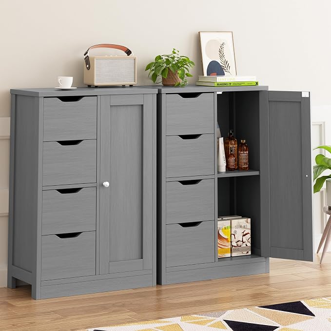 Walsunny Bathroom Floor Storage Cabinet, Wooden Storage Organizer with 4 Drawers and 1 Cupboard, Freestanding Entryway Storage Unit Console Table, Gray