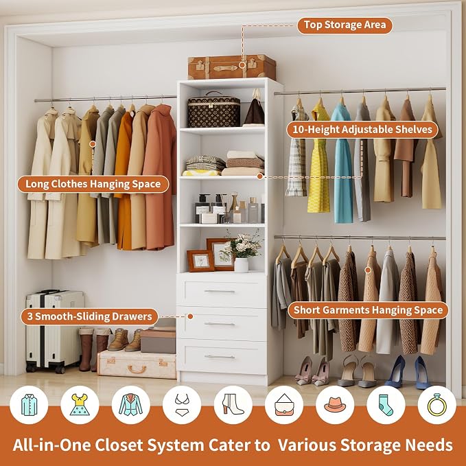 Closet System with Drawers, 4-8FT Closet Organizer System, 96” Walk in Closet Organizer Tower with Adjustable Shelves, Modular Closet Storage Drawer System with 4 Expandable Hanging Rods, White