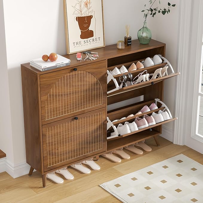 Fsbecl Shoe Storage Cabinet for Entryway with 4 Fluted Flip Drawers, Walnut | Narrow Design, Freestanding Shoe Rack with Adjustment Shelves, Wooden Hidden Organizer for Hallway Foyer, 16-24 Pairs