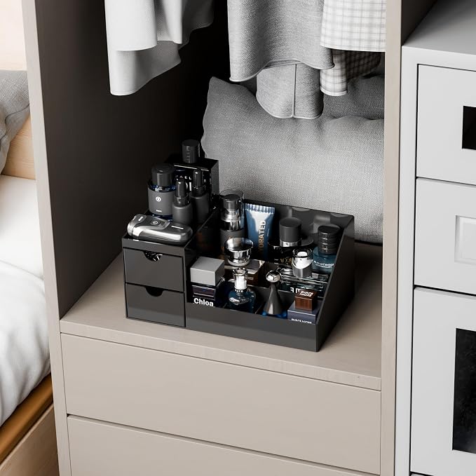 Makeup Organizer with 2 Drawer,Black Cologne Organizer for Men,Cologne Stand and Rack,Skin Care,Perfume Organizer Holder and Fragrance Shelf for Vanity,Bathroom Countertop and Dresser Top,1PCS