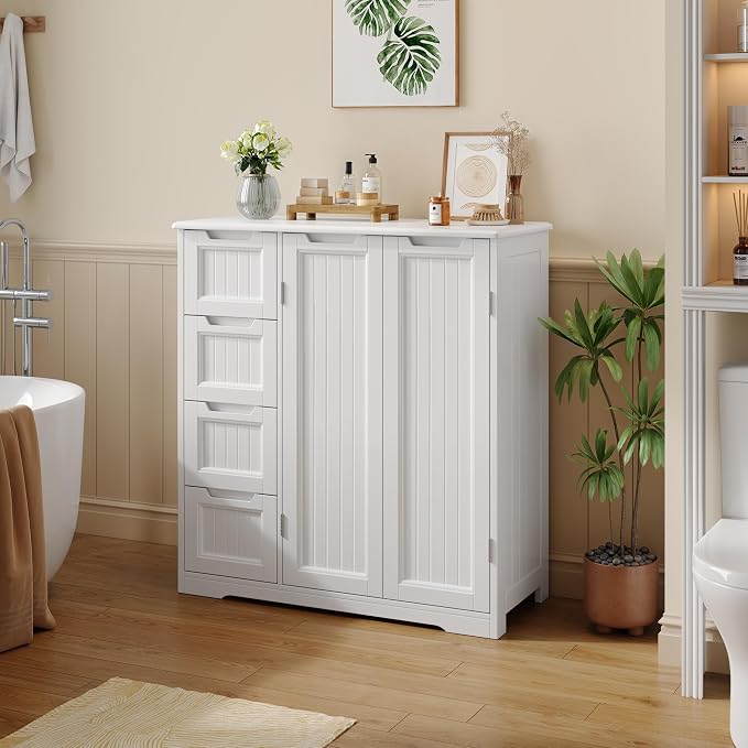 Gizoon Storage Cabinet, Bathroom Storage Cabinet with 4 Drawers & 2 Doors | Freestanding Floor Cabinet with Adjustable Shelf, Ample Storage Space for Bathroom, Kitchen, Living Room, Entryway, White